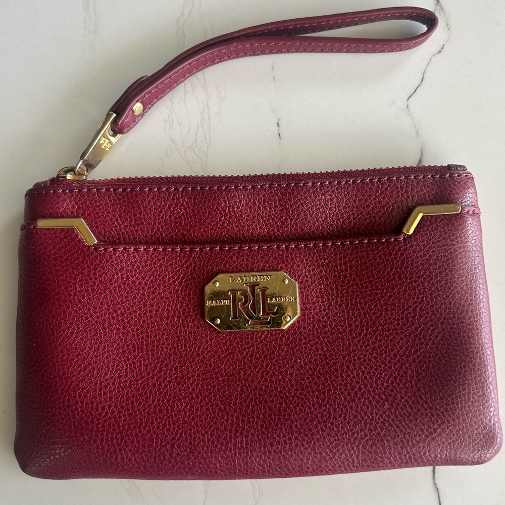 Ralph Lauren Red Wristlet with Gold Accents Leather